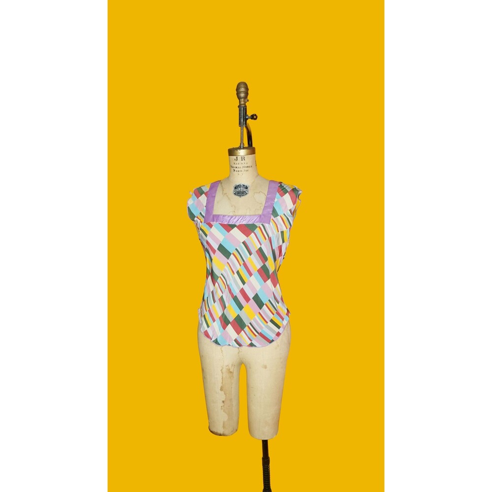 Y2K NU MULTICOLOR Abstract Geometric SILK Blouse W/Square Neckline. S-M. AS IS